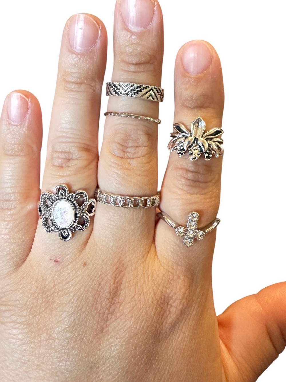 6 fantasy Sterling Silver size 7/8 Floral and Gemstone Midi Ring Set Silver /12